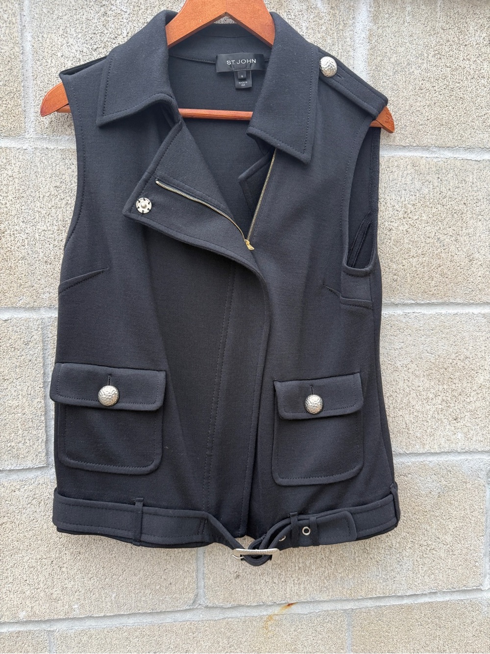 St. John Black Sleeveless Belted Moto Vest